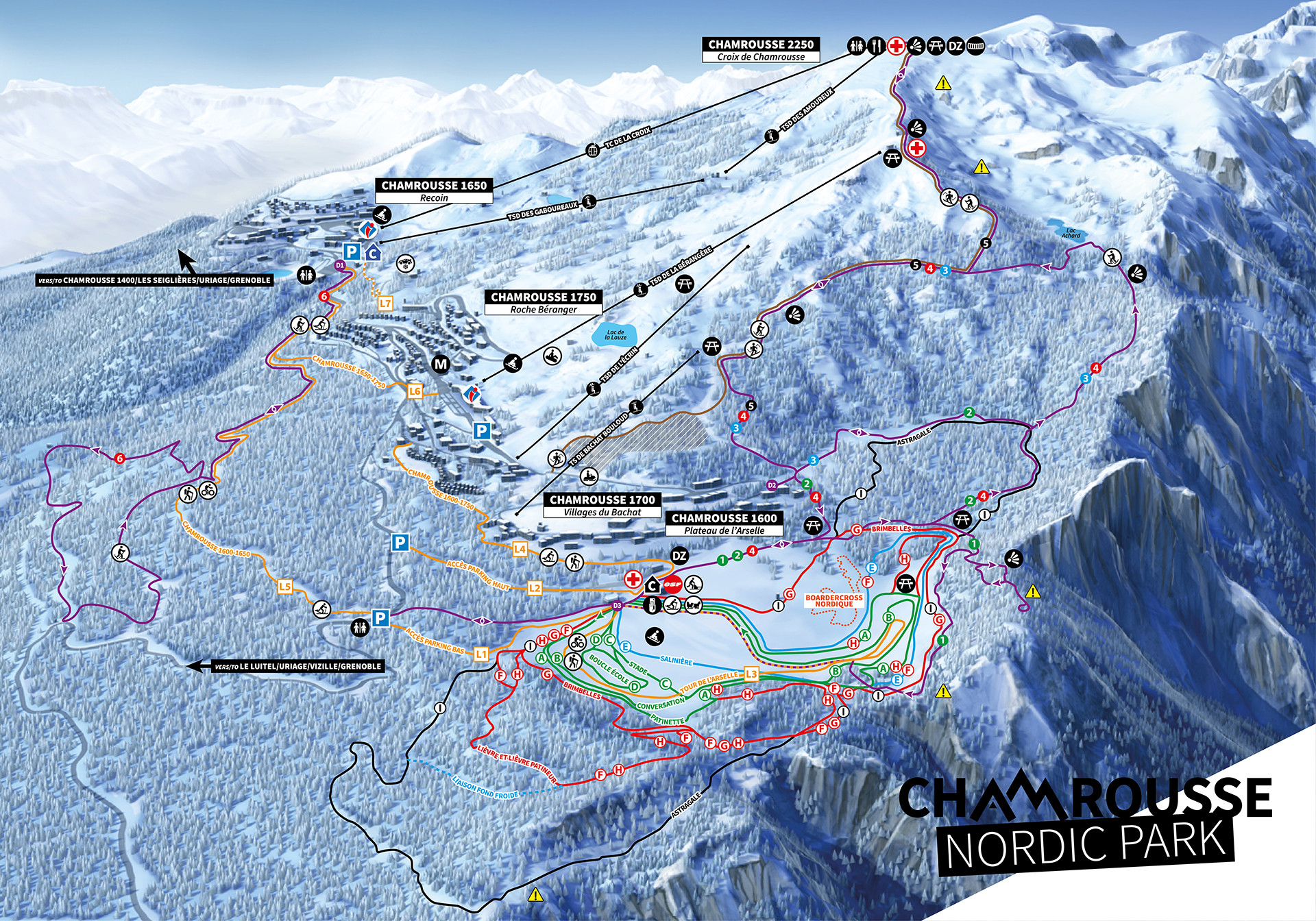 Chamrousse Nordic Park Langlaufkarte Langlaufloipen klassisch und Skating Pisten Winter 2025 Skigebiet Grenoble Isere Französische Alpen Frankreich