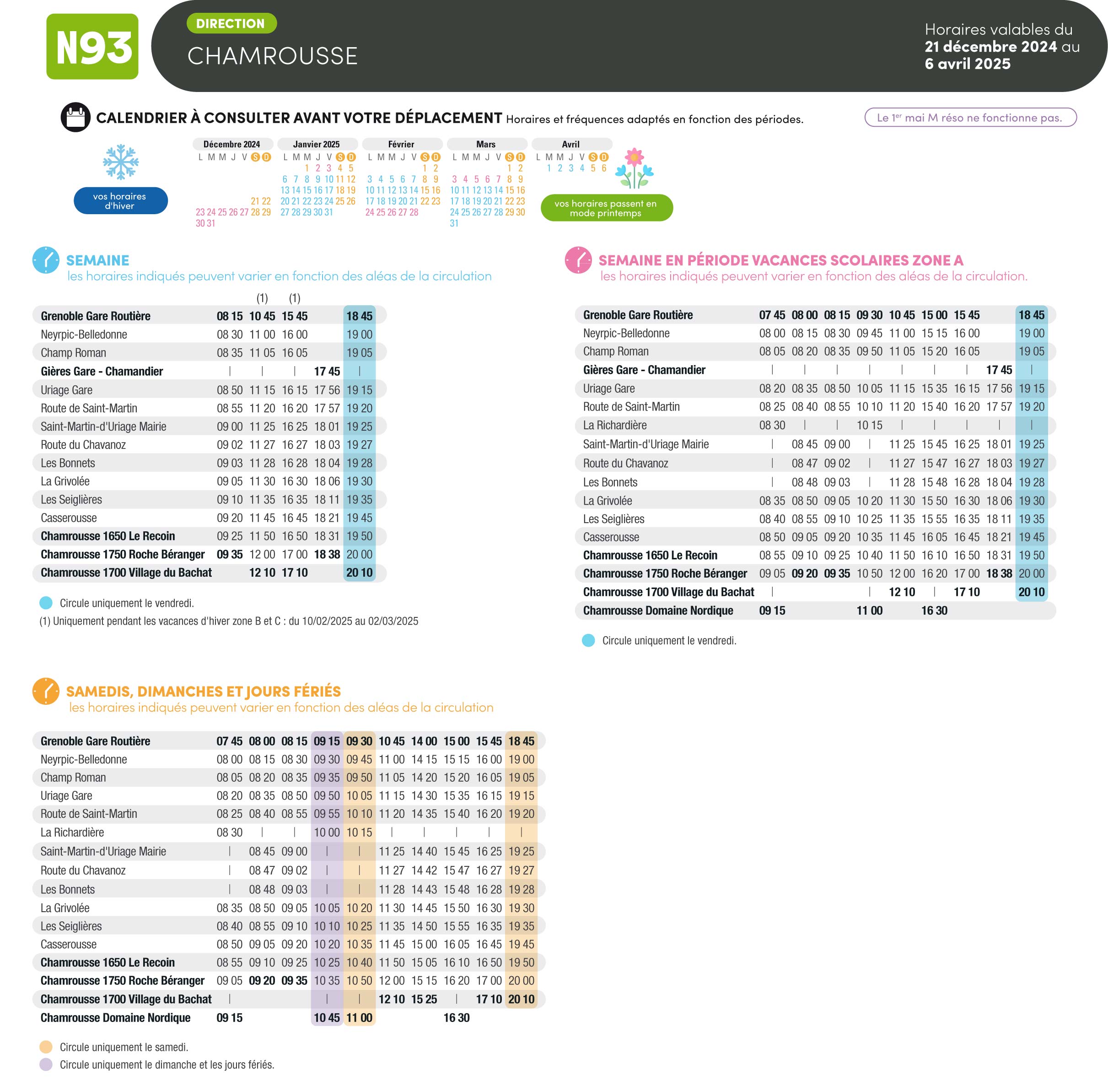 Chamrousse horaire bus N93 hiver 2024-2025 grenoble station ski montagne isère alpes france - © M Réso