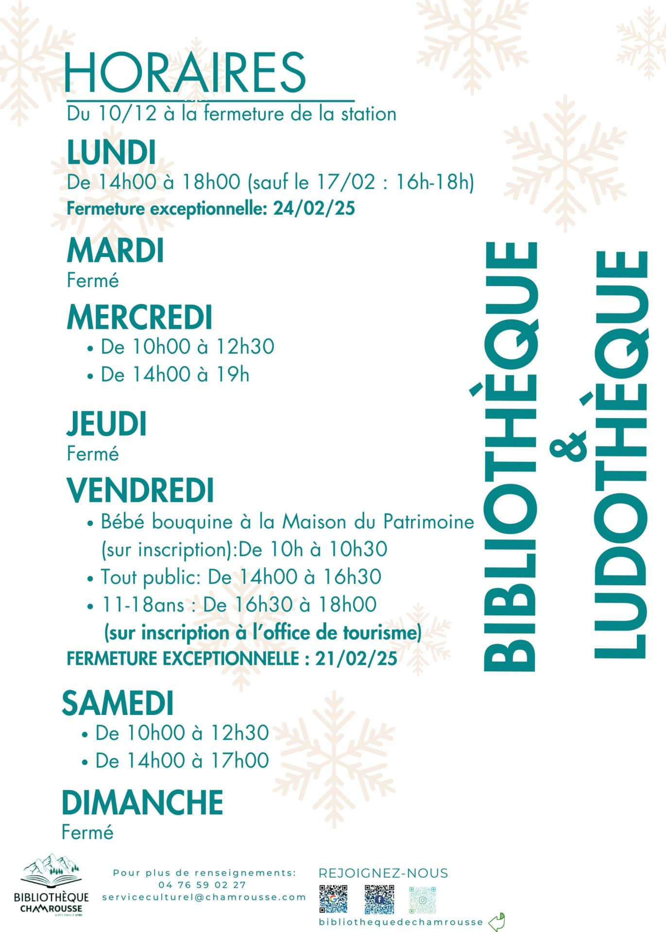 Chamrousse library opening hours winter 2024-25