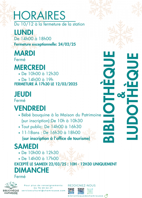 Chamrousse library opening hours winter 2024-25