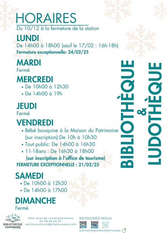 Chamrousse library opening hours winter 2024-25